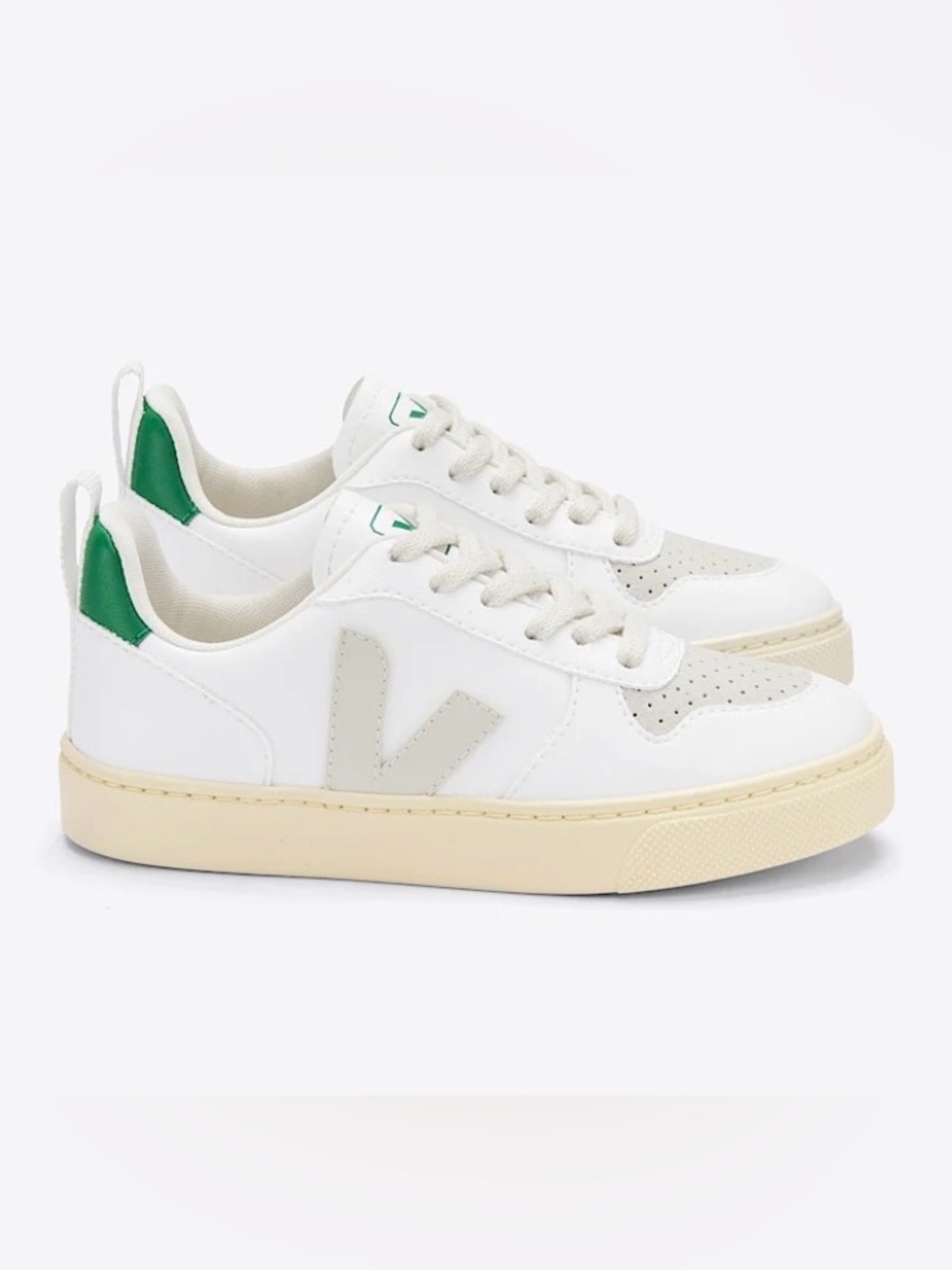 Veja Kids Off-White Sneakers with Green Heel Accent